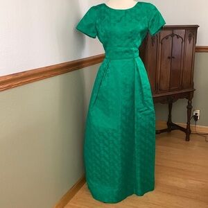 Vintage Kelly Green Floral Damask Maxi Dress Handmade size Small